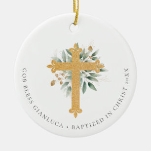 Décoration En Céramique Gold Christian Cross Greenery Photo Baptism Gift