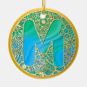 Décoration En Céramique Gold, lettre Turquoise M et Fleurs colorées