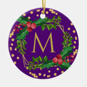 Décoration En Céramique Gold Purple Monogram Merry Christmas Holly Glitter