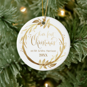 Décoration En Céramique Gold Wreath   Notre 1er Noël en tant que Monsieur 