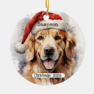 Décoration En Céramique Golden Retriever avec Père Noël Casquette Orament