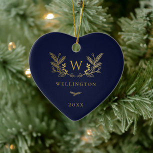 Décoration En Céramique Golden Winter Sprigs Monogram Blue