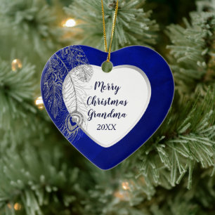 Décoration En Céramique Grand-parent Argent Plumes Bleu Coeur Noël