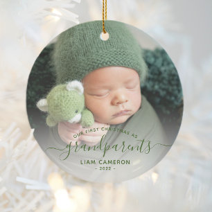 Décoration En Céramique Grand-parents Premier Noël Photo Green Script