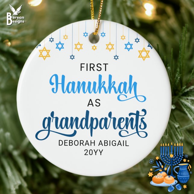Décoration En Céramique GRANDS-PARENTS Personnalisés PREMIER HANOUKKA (GRANDPARENTS' FIRST HANUKKAH ceramic ornament with CUSTOM name/year. Ideal first gift from grandbaby)