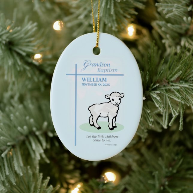 Décoration En Céramique Grandson Baptême Agneau Bleu Personnalisé (Arbre)