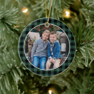 Décoration En Céramique Green and Black Buffalo Plaid Custom Holiday Photo