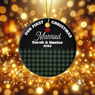 Décoration En Céramique Green & Black Plaid Notre 1er Noël Marié
