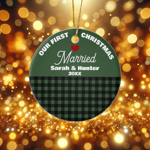Décoration En Céramique Green & Black Plaid Notre premier Noël Mariné