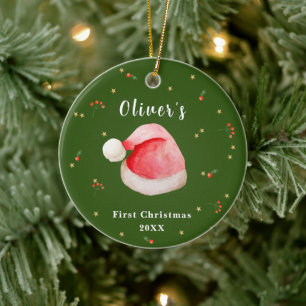 Décoration En Céramique Green Elegant Santa Hat Baby's Frist Christmas