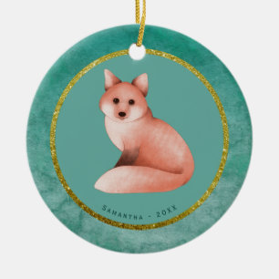Décoration En Céramique Green Gold Christmas Fox Nom personnalisé Date