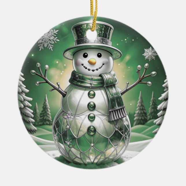 Décoration En Céramique Green Snowman Snowflakes Holiday Ornament (Devant)