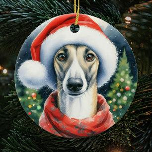 Décoration En Céramique Greyhound Santa Hat Aquarelle Noël