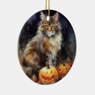 Décoration En Céramique Halloween Maine Coon Chat Avec Crainte Citrouille