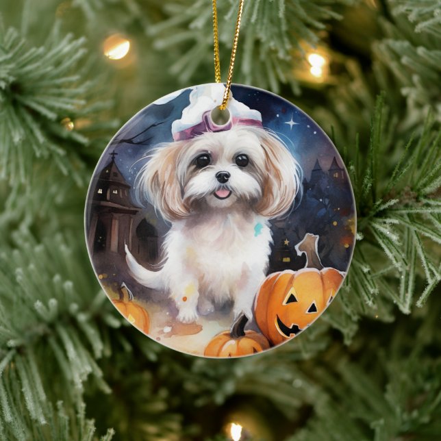 Décoration En Céramique Halloween Malti Tzu Avec Peur Citrouille (Arbre)