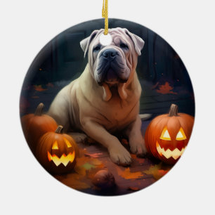 Décoration En Céramique Halloween Shar Pei Avec La Peur Citrouille