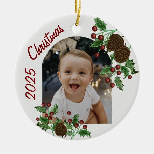 Décoration En Céramique Hand Drawn Holly & Pinecones Christmas Photo (Devant)