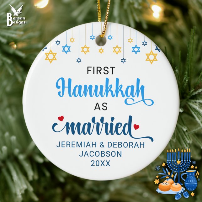 Décoration En Céramique Hanoukka personnalisée MARIÉE (Stylish FIRST HANUKKAH AS MARRIED ornament for Jewish newlyweds. Great Mr & Mrs gift for couple)