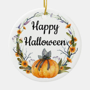 Décoration En Céramique Happy Halloween Watercolor Citrouille Wreath
