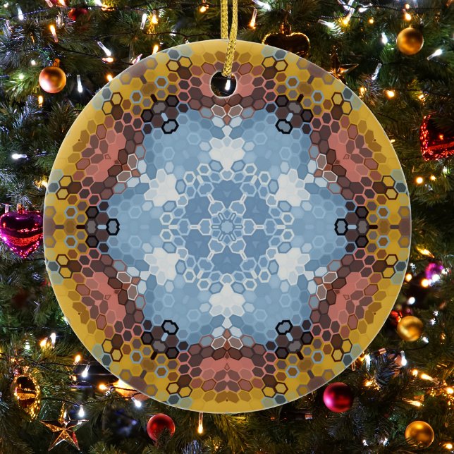 Décoration En Céramique Hex Mandala bleu jaune et rose (Blue Yellow and Pink Hexagon Mandala Christmas Ornament from Wormhole Orbital)