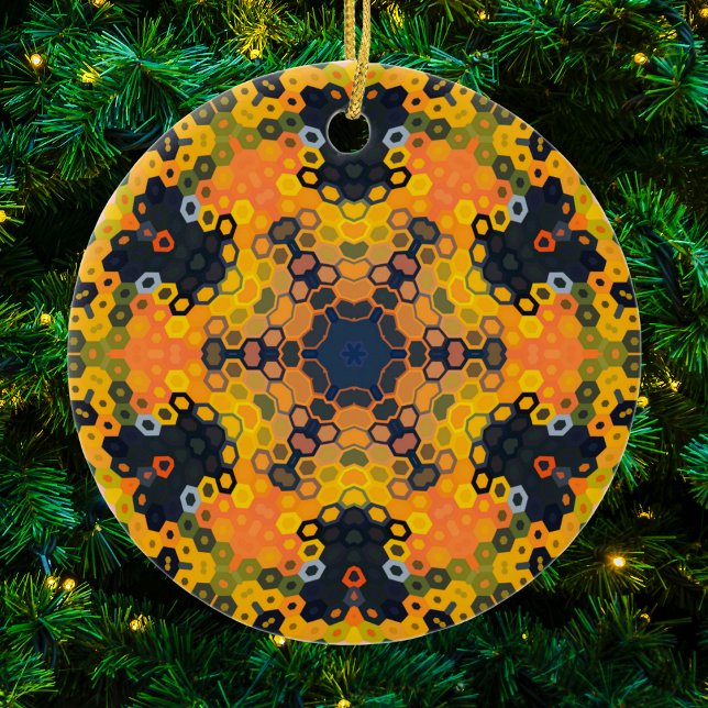Décoration En Céramique Hex Mandala jaune et orange (Yellow and Orange Hexagon Mandala Christmas Ornament from Wormhole Orbital)