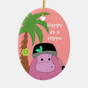 Décoration En Céramique Hippopotame rose avec un palmier