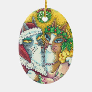 DÉCORATION EN CÉRAMIQUE HISS N'FITZ KISSING CATS, PÈRE NOËL CLAWS ORNAMENT