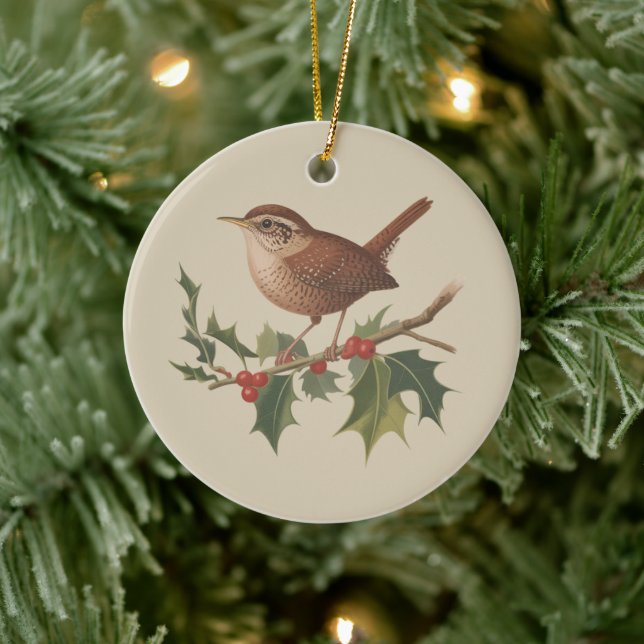 Décoration En Céramique Holiday Bird Wren on Holly Branch Christmas Nature (Arbre)