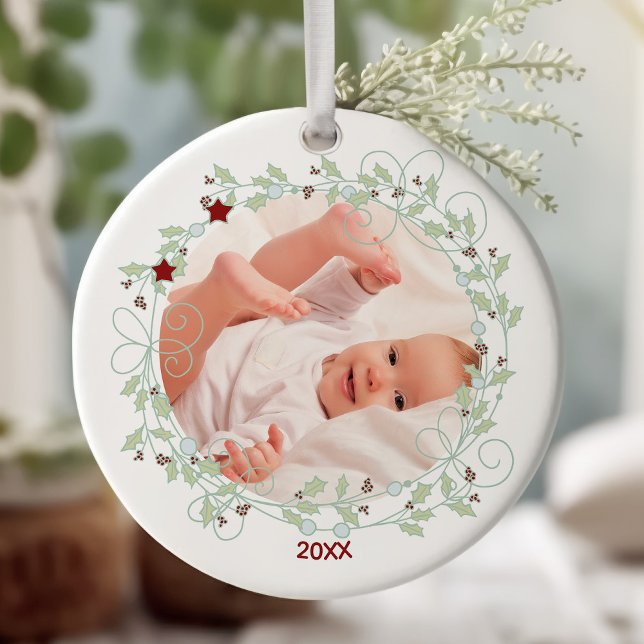 Décoration En Céramique Holly Wreath - Baby Boy Photo de Noël (Baby's First Christmas keepsake photo ornament)