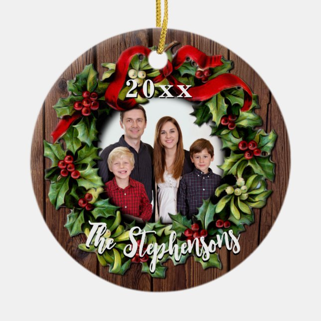 Décoration En Céramique Holly Wreath Personnalisé Family Photo Keepsaké (Devant)