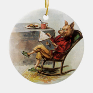 Décoration En Céramique Humour vintage, Cochon en Rocking Chaise Lire un l