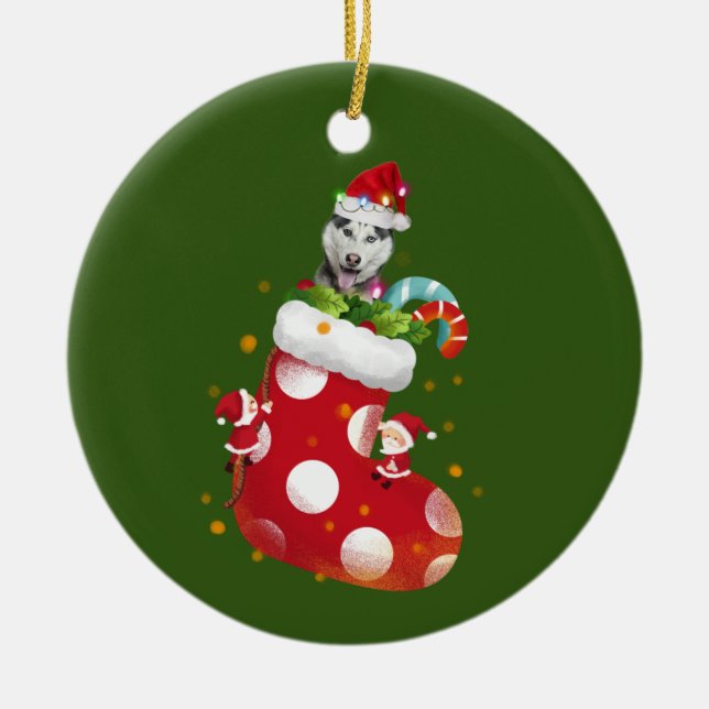 Décoration En Céramique Husky Avec Casquette Sock Noël (Devant)