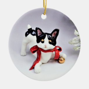 Décoration En Céramique Japonais Bobtail Chat noir blanc de vacances Ornem