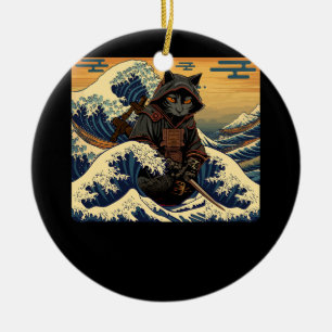 Décoration En Céramique Japonais Rétro Samurai Chat La Grande Vague Par Ho