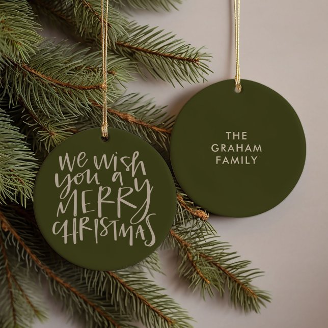 Décoration En Céramique "Je vous souhaite un joyeux Noël" À feuillage pers (Hand-lettered We Wish You a Merry Christmas carol family name green ornament)
