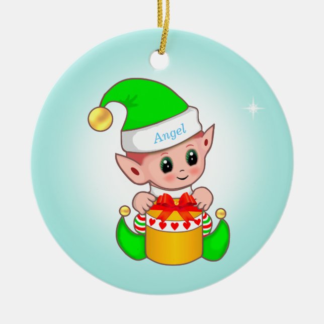 Décoration En Céramique Joli elfe de Noël & étoile sur bleu clair (Devant)