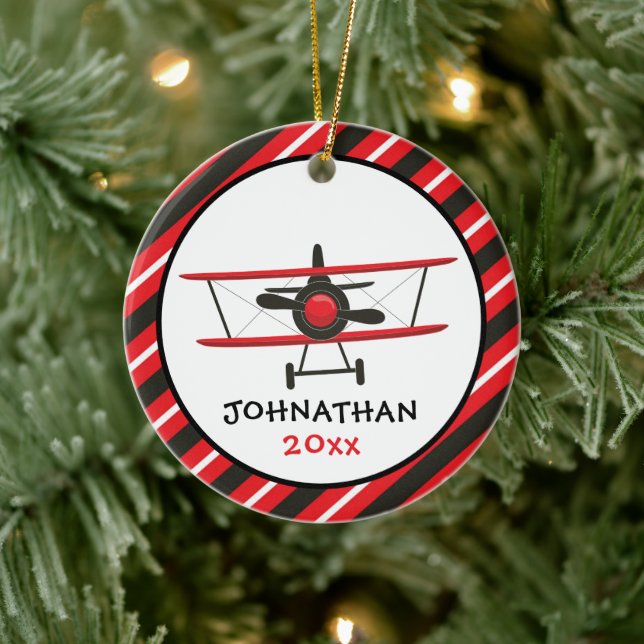 Décoration En Céramique Joli Monogramme Red Airplane Stripe Noël (Arbre)