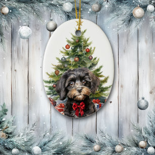 Décoration En Céramique Joli Nœud Rouge Chien Cavapoo Noir et Brun Noël