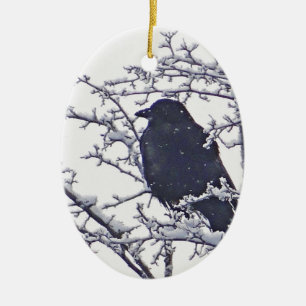 Décoration En Céramique Joli oiseau noir en branches enneigées