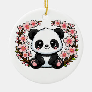 Décoration En Céramique Joli Panda Assis dans les Fleurs de Cerisier