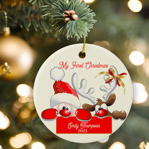 Décoration En Céramique Joli Père Noël & Renne Premier Noël de Bébé