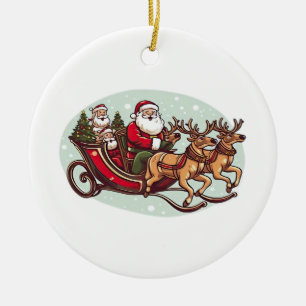 Décoration En Céramique Joli Père Noël voyageant en train tiré par la brid