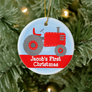 Décoration En Céramique Joli Tracteur Rouge Premier Noël de Bébé Aquarelle