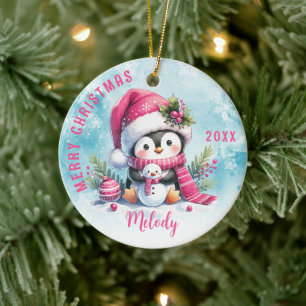 Décoration En Céramique Jolie Pingouin Rose Fille Prénom Joyeux Noël