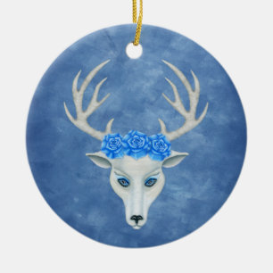 Décoration En Céramique Jolie tête de cerf blanc Antlers Roses sur bleu