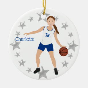 Décoration En Céramique Joueuse de basket-ball Brunette Blancs et Bleus