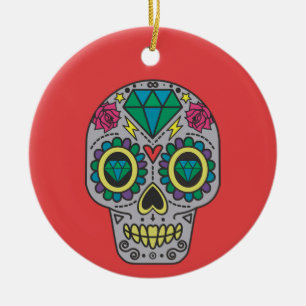 Décoration En Céramique Jour des morts du vert rouge et du cristal gris