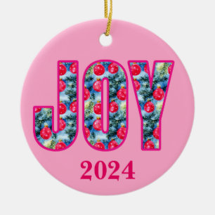 Décoration En Céramique JOY Word Art à Fuchsia Rose et Turquoise