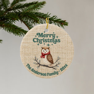 Décoration En Céramique Joyeux burlap beige de Noël mignon hibou vert
