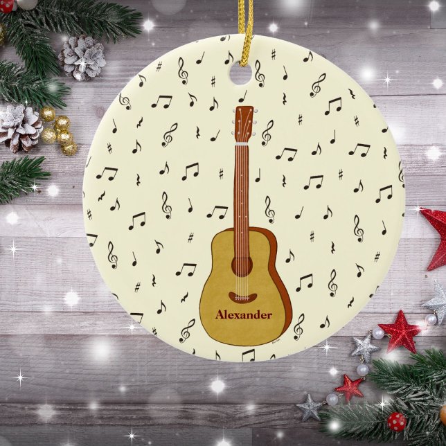 Décoration En Céramique Joyeux Festival Guitariste Musique Note Design (Guitar With Music Notes Personalized Ceramic Ornament)